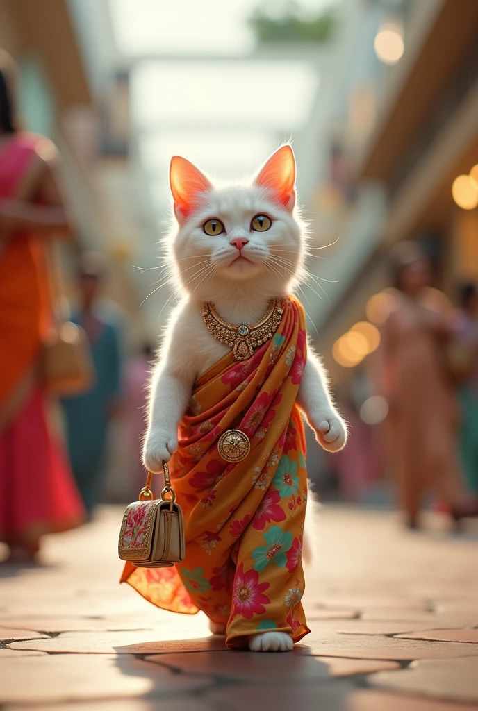 Real cat white small catcolour ki saree mein taiyar Hui Puri jewellery pahan ke hath mein bag leve Sundar ji background mall ka chalti Hui aati Hui real cat