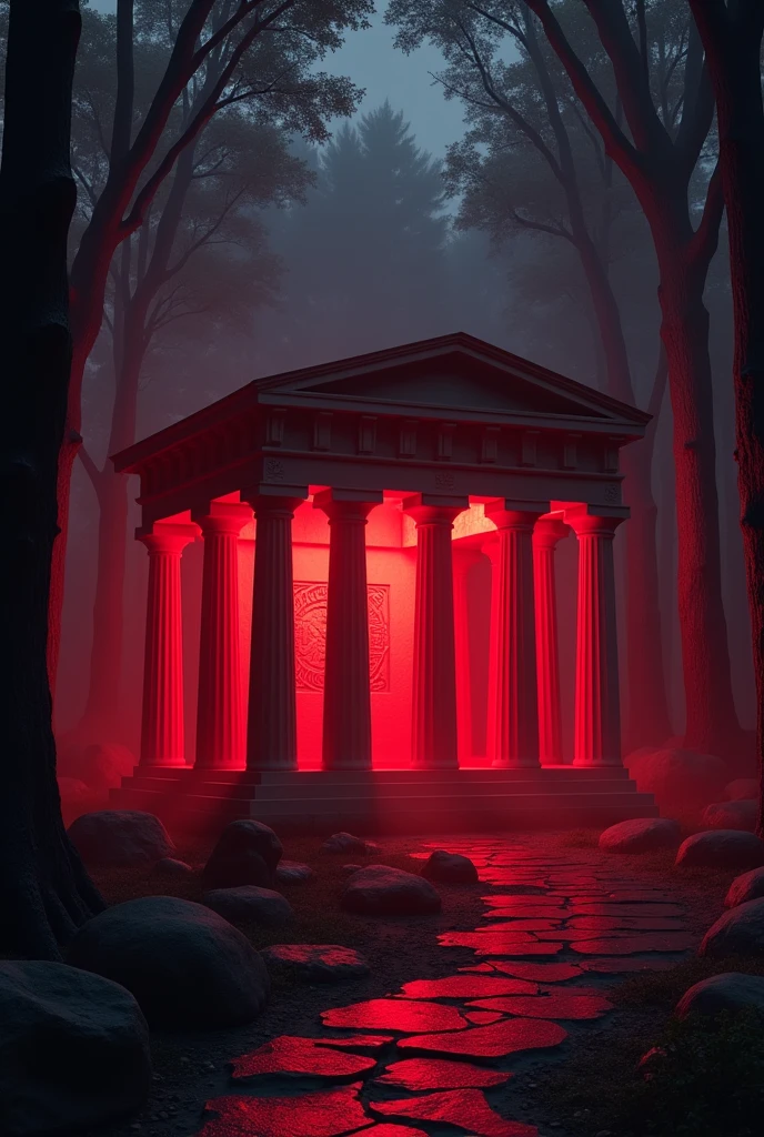 On the left side, there is a Greek architectural structure, possibly a temple or pantheon, with Doric columns and statues, illuminated by an intense red light that creates a dramatic contrast against the nighttime background. there is a dark forest, with towering trees that add a mysterious and somewhat dark element. O vermelho, used both in the lighting of the temple and in the central word or form, unifies the different elements of the image and creates a sense of tension and dynamism.
