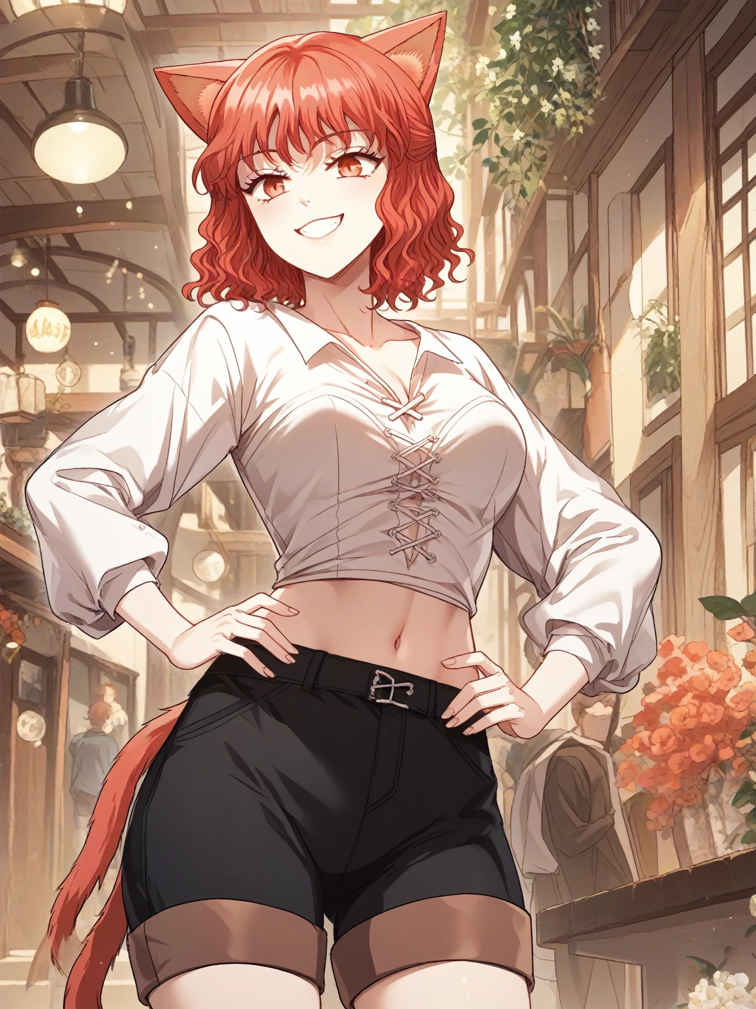 MisshaKarlstein, cat woman, red eyes, red hair, short hair, wavy hair,top tank,shorts,midriff,navel,smile,joy,happyblissfull
