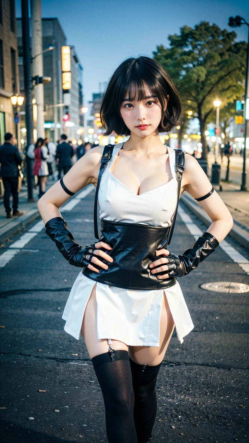(8k、RAW Photos、Highest quality、masterpiece:1.2)、(Realistic、Realistic)、1 person、((black and white、Cleavage、Medium Hair、tights、Gloves、Garter Ring、mini skirt、Thin legs、whole body、boots、View from the front、Looking into the camera、Night Park、Stand with hands on hips))、cute
