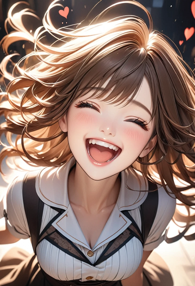 Medium bust that captures the heart, dynamic shot, brown hair, beautiful face, Cute laughter