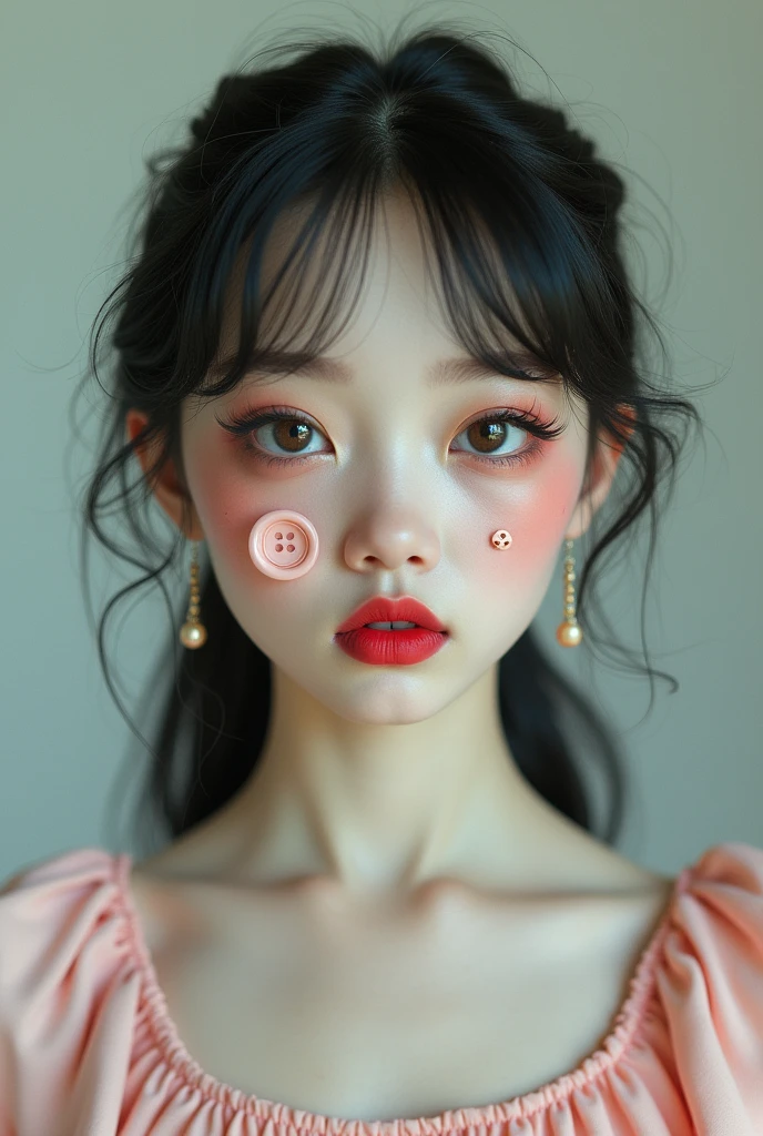 young lady with buttons in her eyes, big red lips and eyes, pales and wear a pink top
