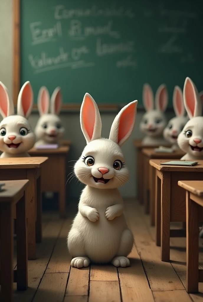 Create a sad and crying rabbit in the classroom surrounded by laughing rabbits