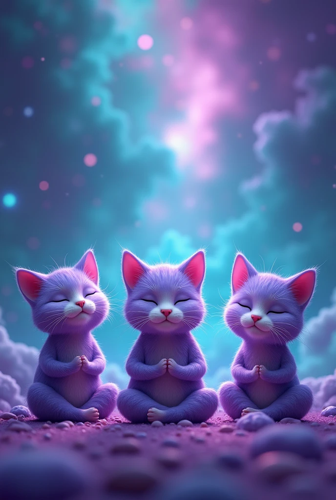 Create three cute cats, cute, hiper realisitic, realisitic, They are meditating, they are purple, Are they happy, and the background is the turquoise and purple galaxy