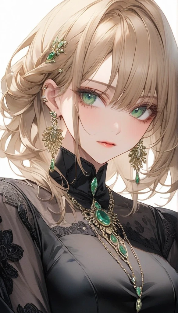 high resolution, Masterpiece, Anatomically correct, precise, qualityที่ดีที่สุด, quality, 1 woman, Age 25 years,Medium length hair, light brown hair,emerald eyes, Uneven hairstyles, big breasts, earring, Dark makeup, A cold expression simple background, Close-up , Anime style, Wearing a black dress,luxurious,Wealth,millionaire,The body looks mature,เครื่องแต่งกายluxurious, Sharp eyes