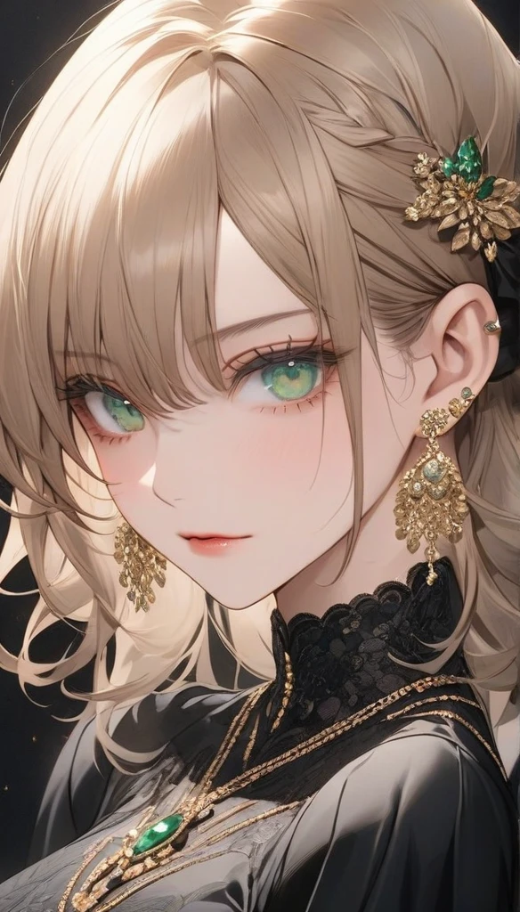 high resolution, Masterpiece, Anatomically correct, precise, qualityที่ดีที่สุด, quality, 1 woman, Age 25 years,Medium length hair, light brown hair,emerald eyes, Uneven hairstyles, big breasts, earring, Dark makeup, A cold expression simple background, Close-up , Anime style, Wearing a black dress,luxurious,Wealth,millionaire,The body looks mature,เครื่องแต่งกายluxurious, Sharp eyes 
