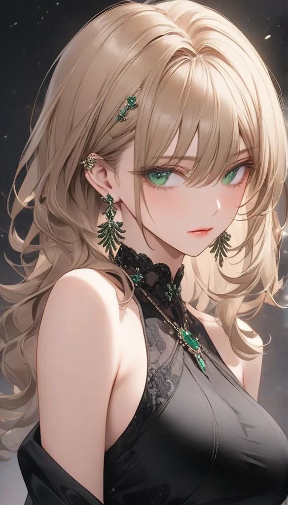 high resolution, Masterpiece, Anatomically correct, precise, qualityที่ดีที่สุด, quality, 1 woman, Age 25 years,Medium length hair, light brown hair,emerald eyes, Uneven hairstyles, big breasts, earring, Dark makeup, A cold expression simple background, Close-up , Anime style, Wearing a black dress,luxurious,Wealth,millionaire,The body looks mature,เครื่องแต่งกายluxurious, Sharp eyes