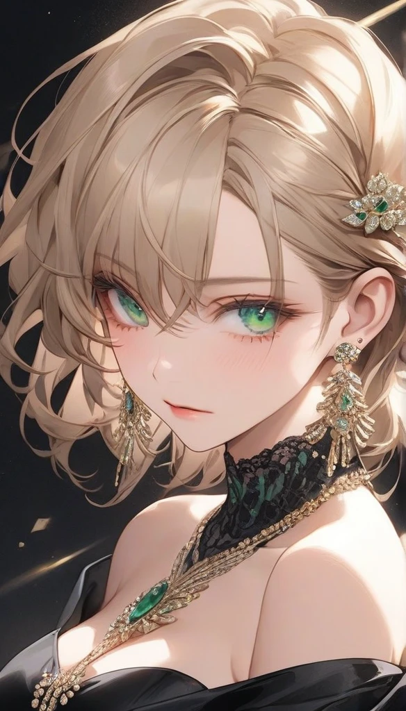 high resolution, Masterpiece, Anatomically correct, precise, qualityที่ดีที่สุด, quality, 1 woman, Age 25 years,Medium length hair, light brown hair,emerald eyes, Uneven hairstyles, big breasts, earring, Dark makeup, A cold expression simple background, Close-up , Anime style, Wearing a black dress,luxurious,Wealth,millionaire,The body looks mature,เครื่องแต่งกายluxurious, Sharp eyes 