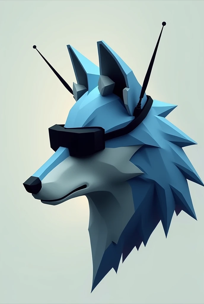 Logo, wolf head with black drone goggles with antennas, CUBISM in Blue and Silver, that the image has few details. 2d , looking to the right