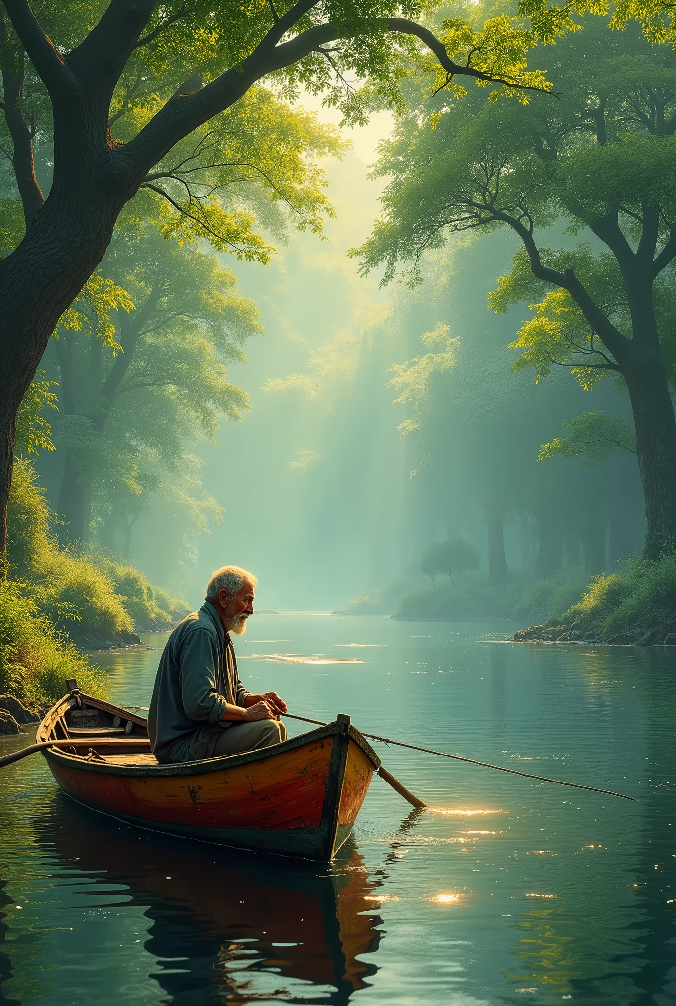 In a lush, green river landscape, an elderly fisherman sits quietly in his old, weathered boat. The boat, painted in a vibrant mix of red and yellow, stands out against the rich tapestry of surrounding greenery. The boat's paint is slightly chipped and faded, telling stories of many years spent on the river.

The fisherman, with a weathered face marked by years of experience, is deeply focused on his fishing rod. His worn, traditional clothing complements the rustic charm of his boat. The river flows gently around him, its surface mirroring the vivid colors of the boat and the deep greens of the dense foliage that encircles the waterway.

Towering trees with thick, emerald canopies line the riverbanks, their reflections creating a serene and harmonious blend of colors in the water. Sunlight filters through the leaves, casting a soft, dappled light on the river and the fisherman, adding a warm, golden glow to the scene.

The overall atmosphere is tranquil and timeless, capturing the essence of a peaceful, rural life intertwined with the natural beauty of the river and its lush surroundings.

