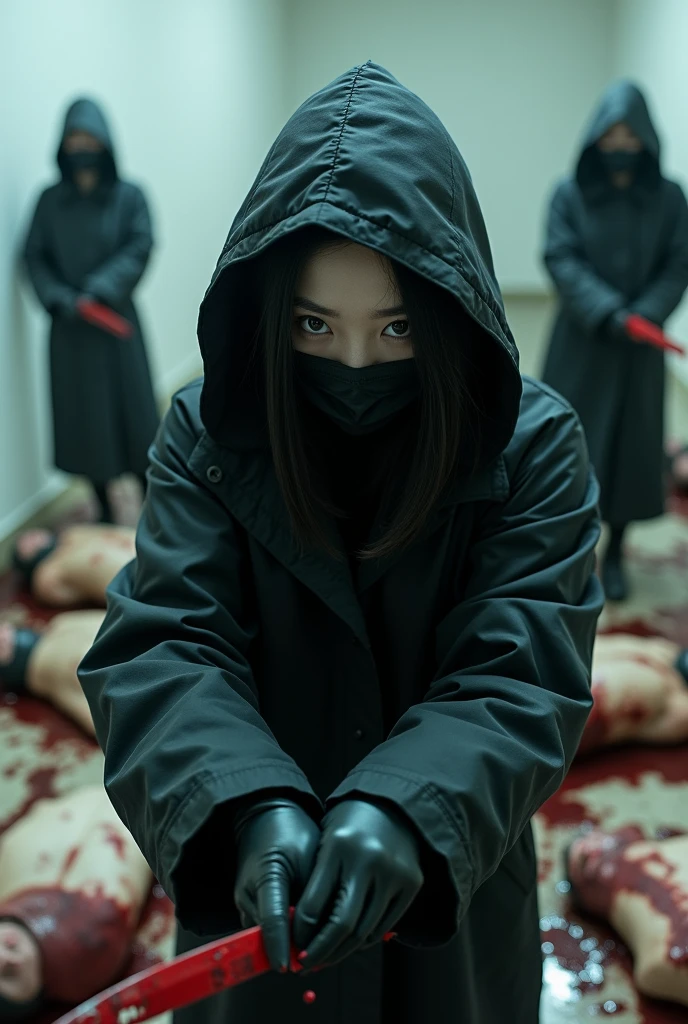 multiple korean girls, (holding knife, black surgical mask), stabbing, black leather gloves, bloody room, black raincoat, hood up, girl only, bloody knife, leather gloves, looking at viewer, white room, blood splatter, night, mass murderer, killer, blood splatter, bloody room, behind multiple stiff, behind multiple cadaver, close up