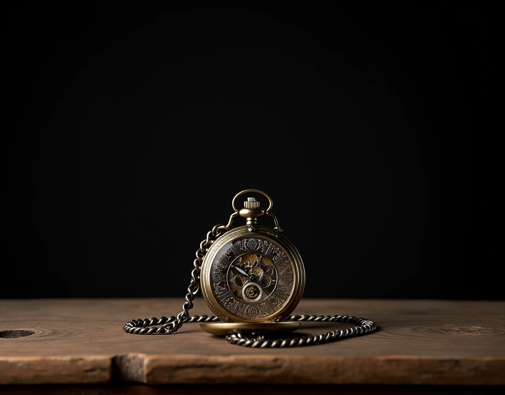 a wooden table with a pocket watch on it, on black photography background