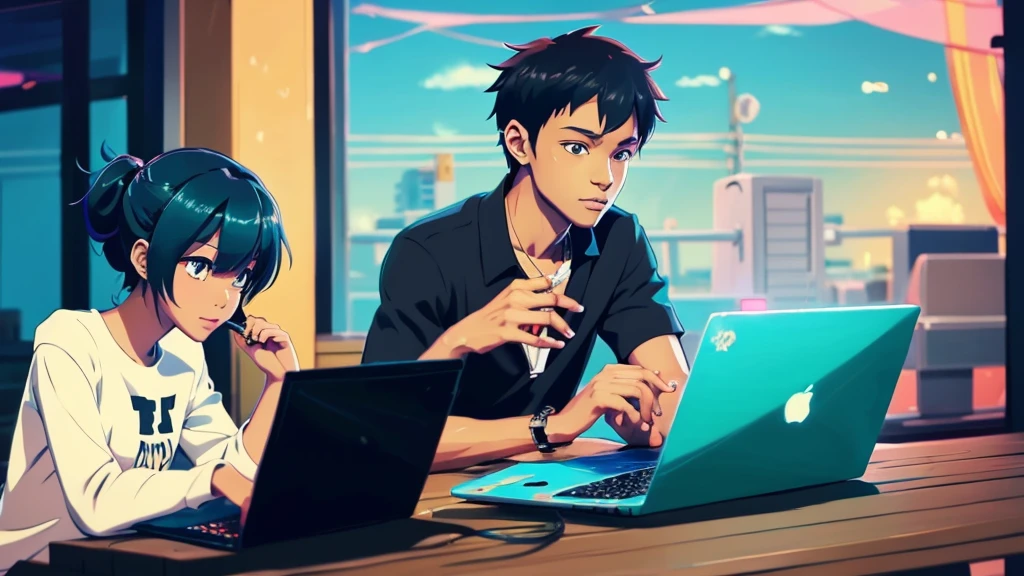 black anime guy and a puppy sitting in front of a laptop, in anime style, in an anime style, anime visual of a cute puppy, artwork in the style of guweiz, realistic anime puppy, anime puppy, anime realism style, digital anime illustration, realistic anime artstyle, guweiz and makoto shinkai, made with anime painter studio