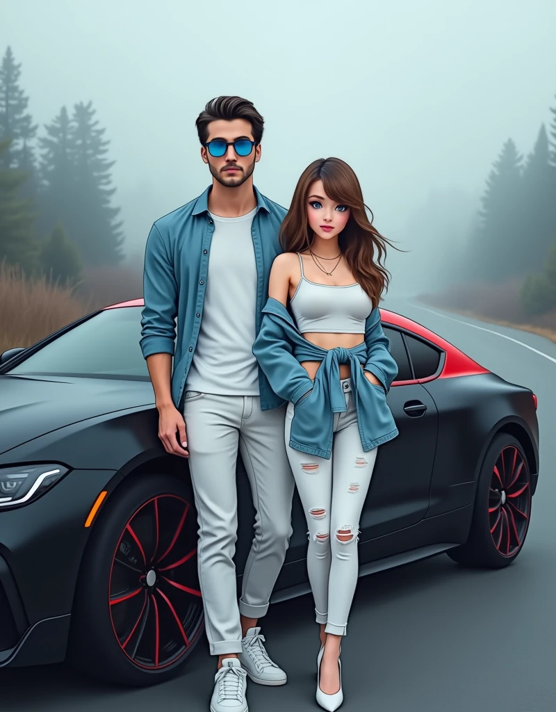 Create a anime style landscape image. Stylish and modern photograph featuring a young man and woman posing next to a black car with a red roof. The man, with a medium skin tone, has short dark hair, a beard, and is wearing blue sunglasses, a light blue denim shirt over a white t-shirt, white pants, and white sneakers. The woman, with a fair skin tone, has long, wavy brown hair and is dressed in a white sleeveless top, white ripped jeans, and white high-heeled shoes. She has a light blue denim jacket tied around her waist. The background is a misty, overcast setting with a road and cloudy sky, adding a dramatic effect to the scene.