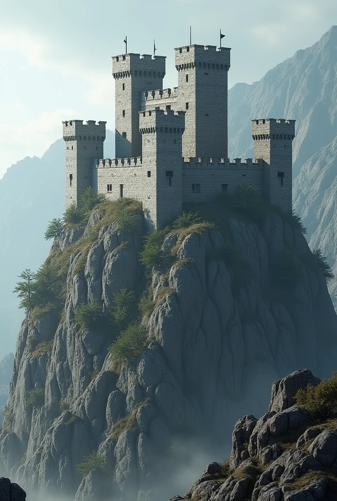 Rugged gray castle but not so big, four small towers and a thick wall