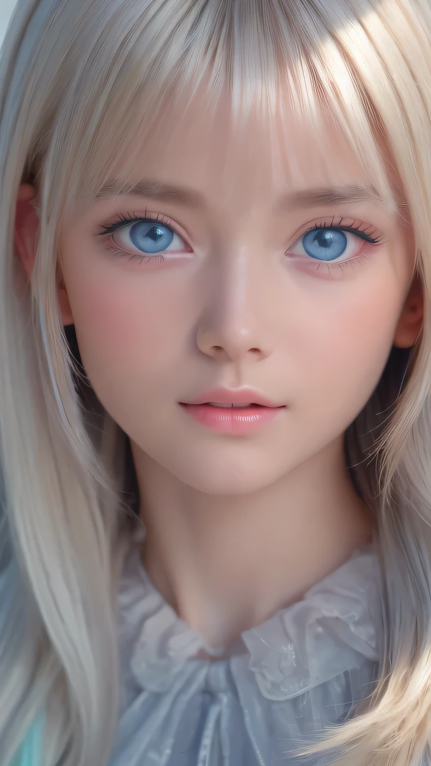 highest quality、8K Masterpiece、Ultra-high resolution、(Realistic:1.3)、RAW Photos、 girl of Scandinavian descent with shiny blonde hair、Silvery blonde hair、Super long straight hair、Bangs between the eyes、bangs over eyes、片bangs over eyes、Bangs between the eyes、White and lustrous skin、1. Cyberpunk Super Beautiful Soldier、((Ultra-Realistic Details))、Portraiture、Global Illumination、Shadow Realm、Octane Rendering、8K、Super sharp、Metal、Cold colors、、Very intricate details、Realistic Light、CG Association Trends、Very beautiful, large light blue eyes、Very big eyes、Eyes shining towards the camera、Neon Details、Small Face Beauty、Round face、Cheek highlight