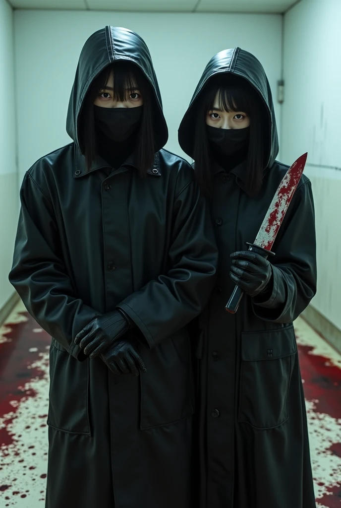 2 korean girls, (holding knife, black surgical mask), stabbing, black leather gloves, bloody room, black raincoat, hood up, girl only, bloody knife, leather gloves, looking at viewer, white room, blood splatter, night, mass murderer, killer, blood splatter, bloody room, behind multiple stiff, behind multiple cadaver, close up