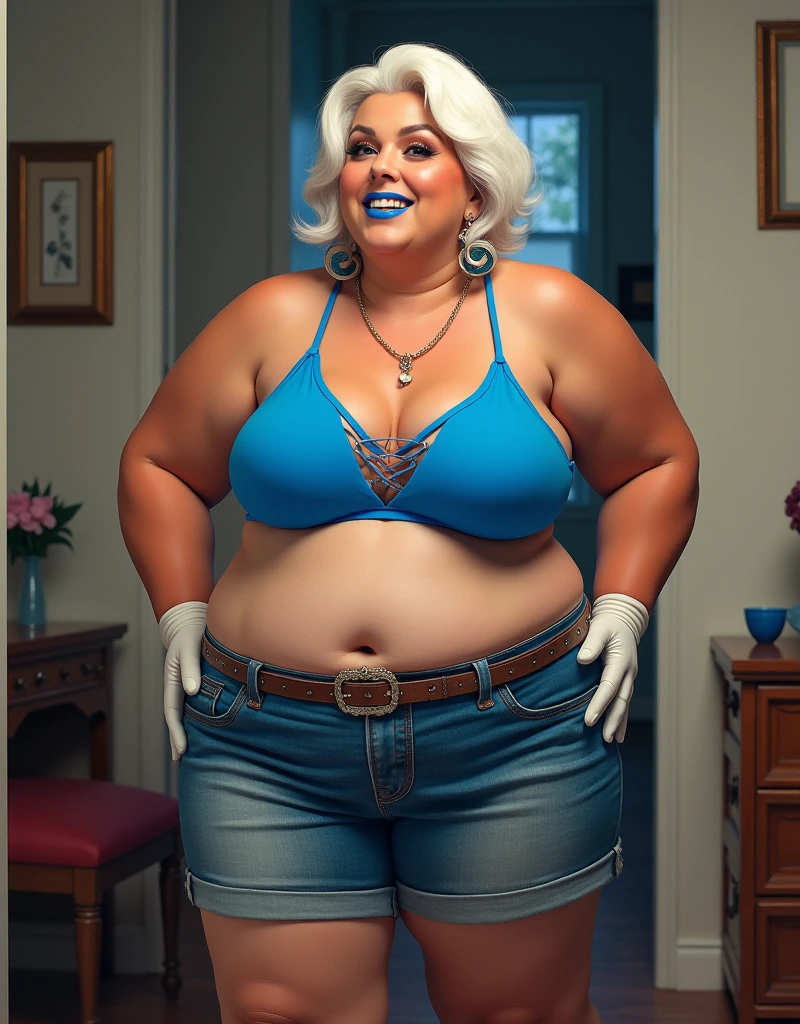 Overweight overweight 60 year old American aged women wearing bikini cargo shorts .with blue lipstick white gloves and white hairs looking so hot while posing inside her room