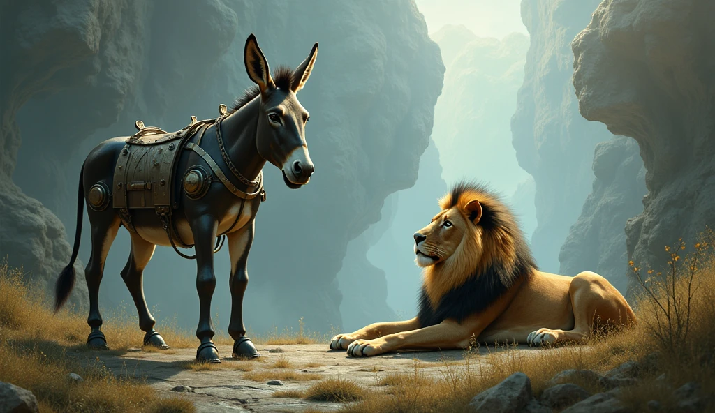 The donkey stands on iron legs and the lion is reclining in the distance