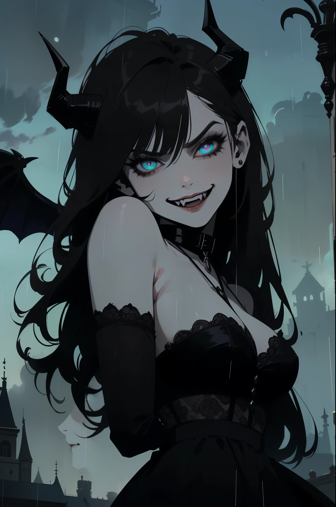 (outside, scary castle, raining, evening, soft light, dim lit, moody vibe, horror \(theme\), ), (((hissing angrily))), (insanely detailed, beautiful detailed face, masterpiece, best quality), 1girl, succubus, demon girl, mature female, black hair, (turquoise eyes), ((big pupil)), grin, demon horns, black demon wings