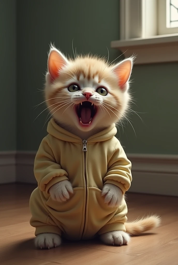 Create a photorealistic image of A small kitten crying and vomiting fluid following from kitten 's mouth, kitten wearing yellow jeans outfit standing and grabbed his tummy with his hands, vomiting, The background shows a cozy living room with scattered toys.