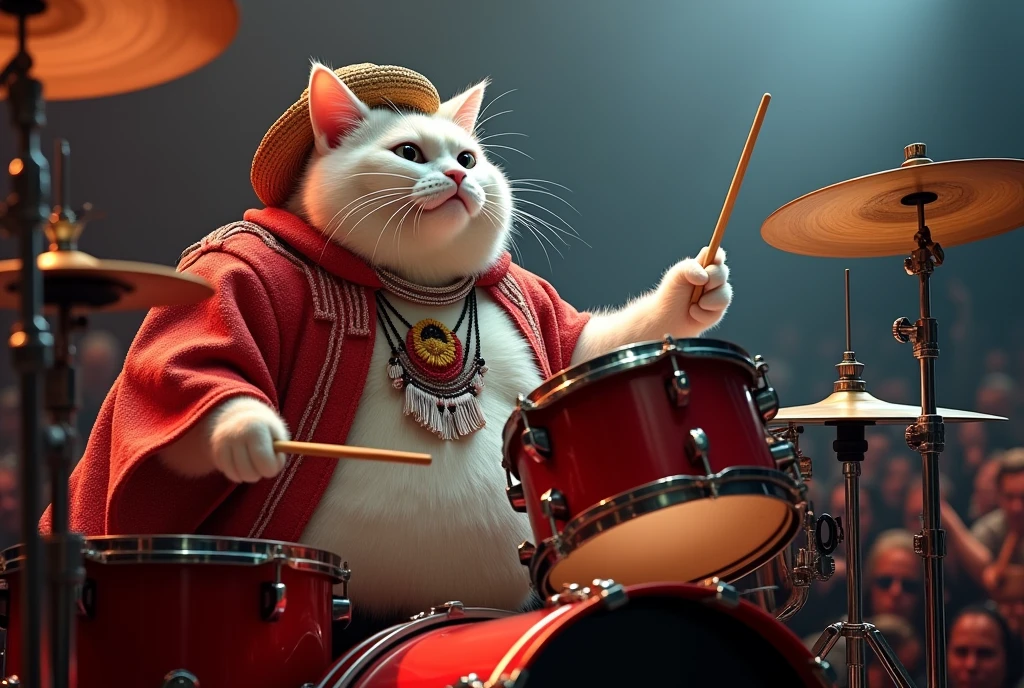 night, white obese cat, fat cat kitty, red peruvian poncho and chullo, piercing , white hair, drummer cat, drumming, playing drums,drum set,drumsticks in hands, in rock concert, rock festival
