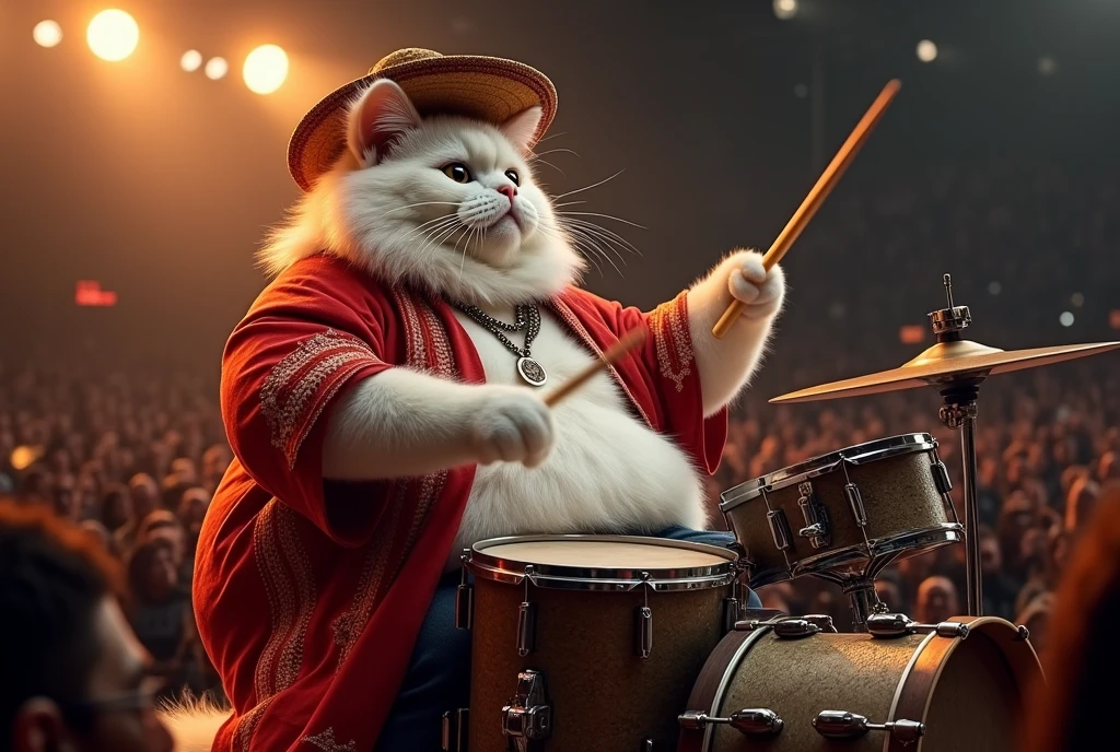 night, white obese cat, fat cat kitty, red peruvian poncho and chullo, piercing , white hair, drummer cat, drumming, playing drums,drum set,drumsticks in hands, in rock concert, rock festival