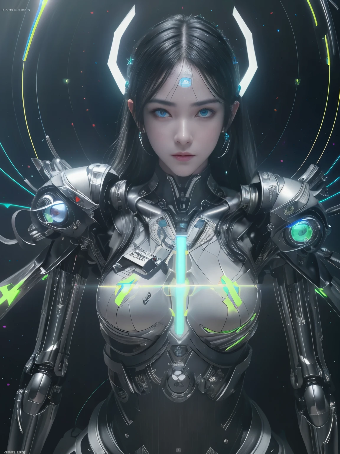 (best quality,4k,8k,highres,masterpiece:1.37), ultra-detailed, (realistic,photorealistic,photo-realistic:1.5), (aerial view), (top down perspective), (1insectoid woman), (the focal point is one woman pulling a video game cartridge out of a futuristic artifact chest full of retro video game cartridges:1.6), (the woman is looking down:1.5), (Futuristic artifact box), (The woman is looking inside the artifact box:1.6), (the artifact box is open), (The scene unfolds inside a mystical cavern:1.4), fractal_body, (The woman is wearing an insectoid exoskeleton made with glass details:1.5), (dynamic angle:1.4), (The woman hair is made of fractal technologic components:1.7), (fantasy and sci-fi mixed:1.5), holographic glitch effects floats around the woman, vibrant colors, (A purple glow emanates from inside the treasure chest), glowing lights, (abandoned machinery), (there are old video game cartridges and consoles on the background), mystical creatures, pixelated details, (there are crystal formations spreading on the background), (futuristic technology), (ancient artifacts), mystical energy, vibrant retro aesthetic, atmospheric lighting, hidden passages, ancient ruins, mysterious symbols, shimmering water, lush vegetation, interdimensional portals, ethereal music, nostalgic atmosphere, immersive storytelling, epic adventure, delightful surprises