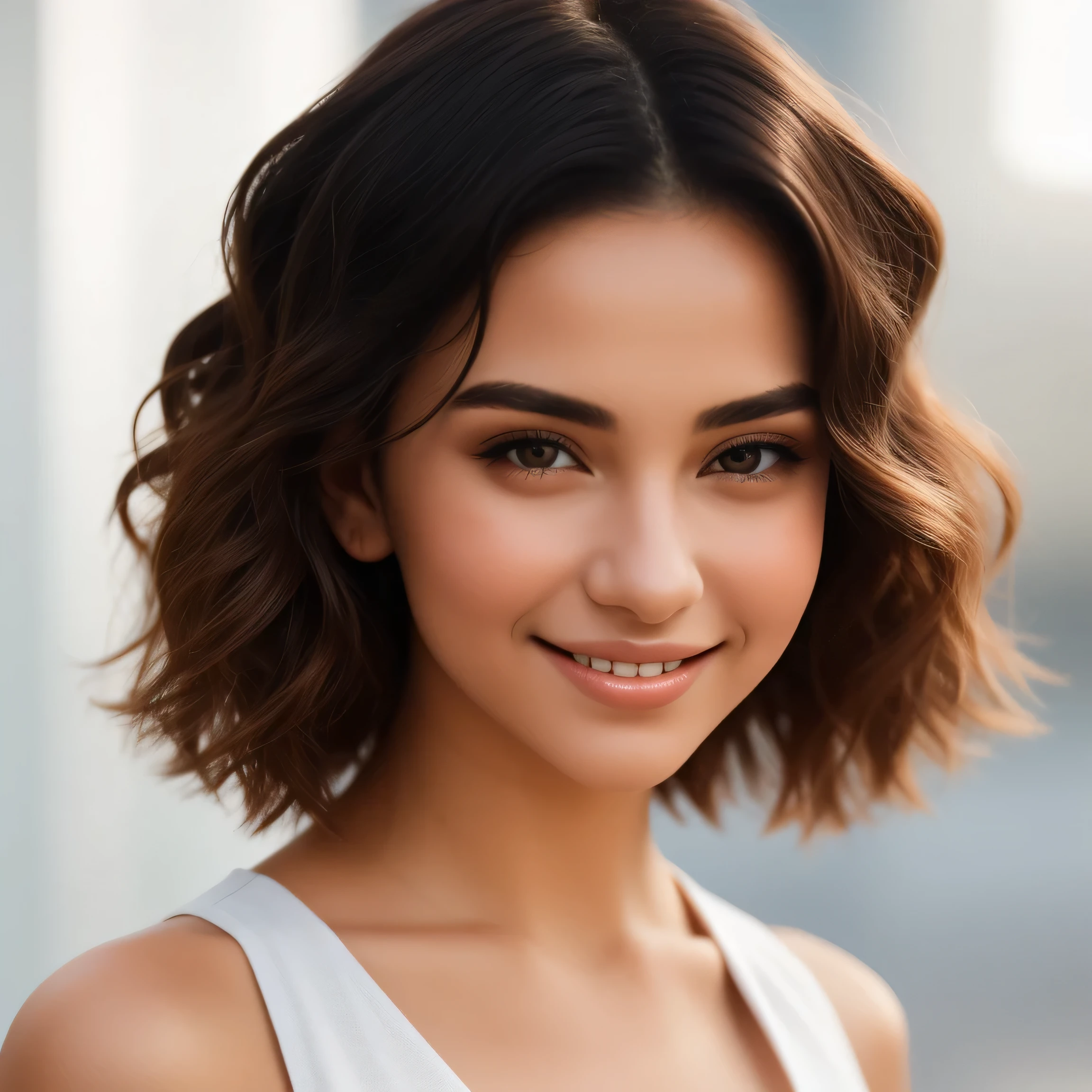Generate a portrait of a confident and radiant young woman with a warm smile, embodying positivity and approachability. Showcase the natural beauty and grace of short, curly hair. Create an image of a young woman exuding self-assurance and poise, with a gentle and inviting expression. Avoid harsh lighting or shadows that may create an unflattering appearance. Do not include any distracting background elements that may detract from the subject's natural beauty. Ensure that the image does not contain any elements that could be considered offensive or inappropriate.