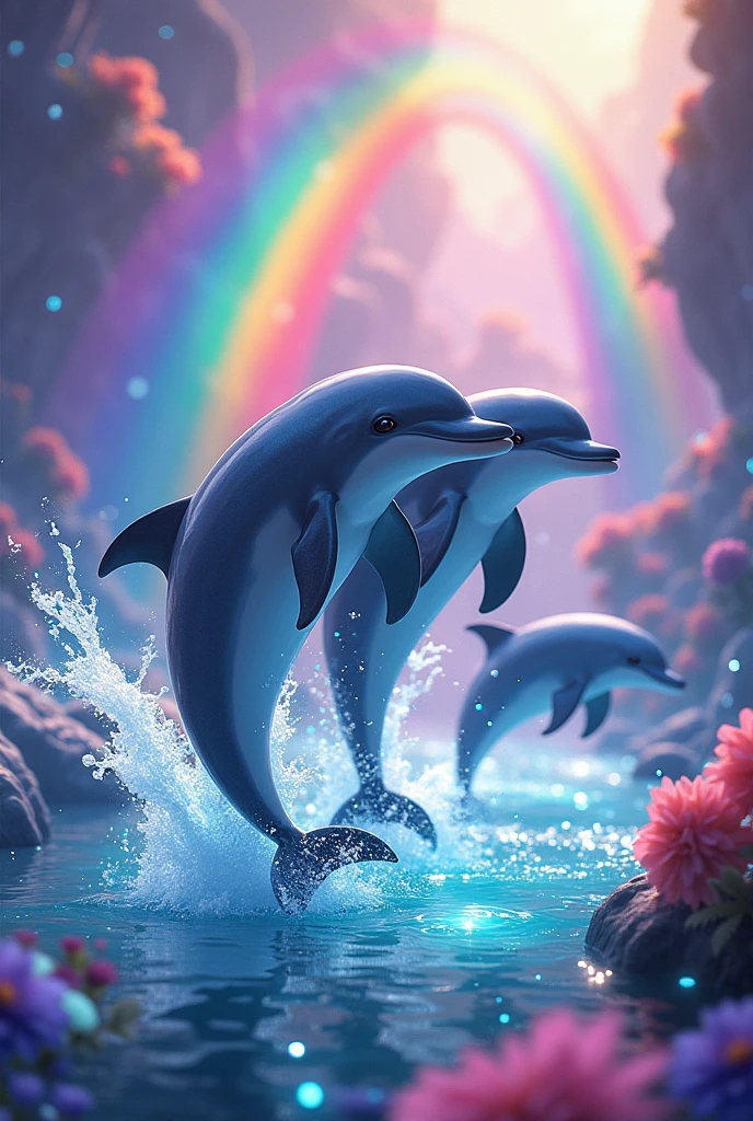 colorful dolphins, magical and semi-realistic, that they are jumping out of the water with many rainbows in the background, everything exaggeratedly colorful, like the ones in the symphony memes