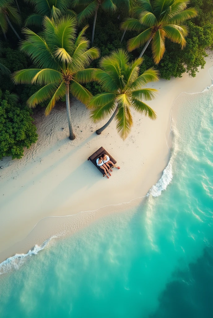 A drone videos of a couple sitting at the island 