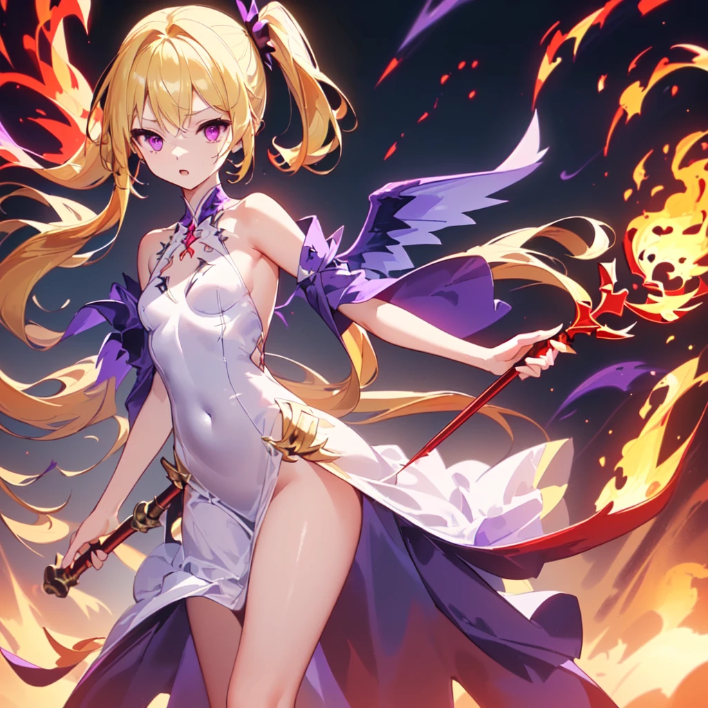 ((Highest quality))(((One person)))(Anatomically correct)(long side ponytail 1.4)(detailed),Turned this way, Angelic,Wrapped in flames((Small breasts))(Young)((Large wings))((A gothic wizard dress that barely reveals anything))((Long blonde hair))((Holding a spear with a sickle))(Wearing flames)((Purple Eyes))Mysterious Temple、