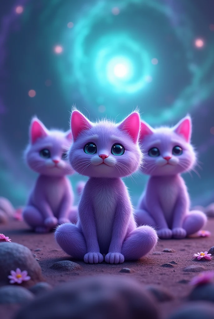 Create three cute cats, cute, hiper realisitic, realisitic, They are meditating, they are purple, Are they happy, and the background is the turquoise and purple galaxy