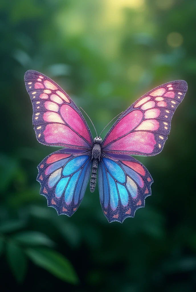  fantasy shining glitter butterfly pink blue silver gold on the green screen. Realistic 