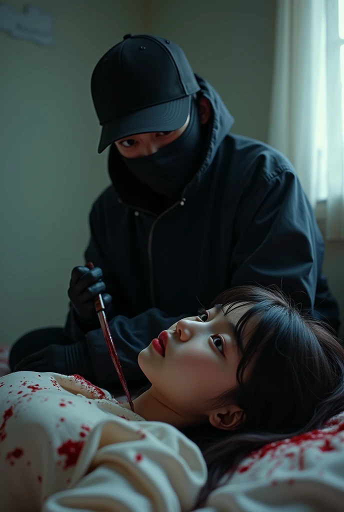 korean girl, (behind stiff, holding knife), stabbing, black balaclava mask, black gloves, girl only, black raincoat, trucker hat, bloody knife, bloody room, black gloves, woman on top, behind cadaver, blood splatter, on the bed, looking at viewer, mass murderer, killer, blood splatter, atmospheric realistic, light from the window, close-up,
