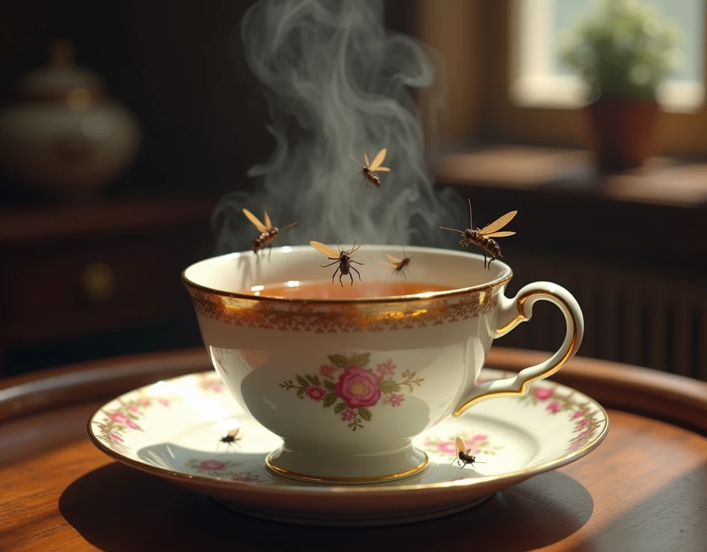 We need an image of a cup of tea with some insects lying in it.