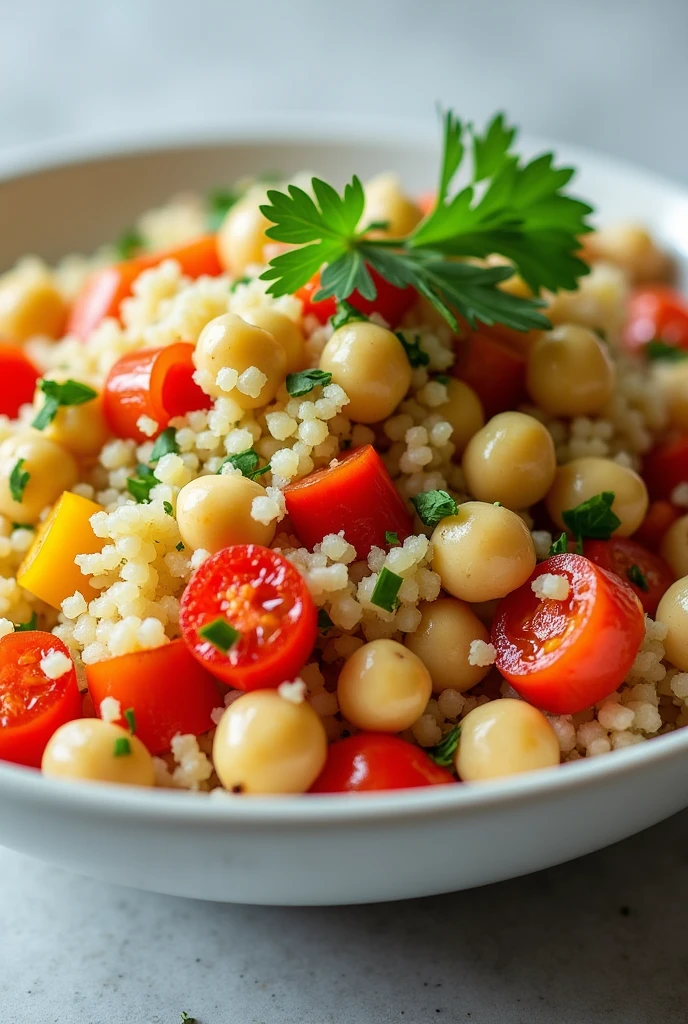 Create an image of this recipe: Couscous Salad with Peppers and Chickpeas Ingredients:
- Couscous: 100 g - Red pepper: 100 g - Yellow pepper: 100 g - Cooked chickpeas: 150 g - Olive oil: 15 ml - Lemon juice: 15 ml - Fresh parsley: 10 g
- Sal: 5 g - Pepper: 2 g Preparation:
1. Cook the couscous according to package directions and let cool..
2. Wash and cut the peppers into small cubes.
3. In a large bowl, Mix the couscous with the peppers and chickpeas.
4. In a small container, Combine the olive oil with the lemon juice, salt and pepper.
5. Pour the dressing over the salad and mix well..
6. Add chopped fresh parsley before serving..