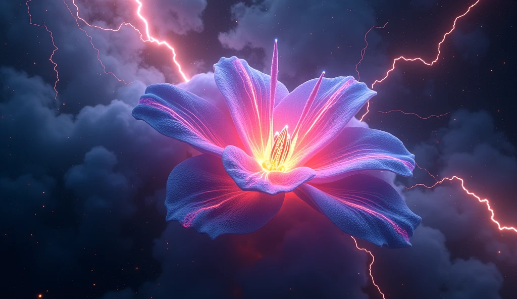 a plasma energy lily-shaped nebula neon-glowing on deep space cosmos colorful vibrant colours, powerful lightning bolts, strong light rays, lightning meteors raining, 8k, HD, highly detailed, intricate, ultra realistic, masterpiece, amazing, perfect