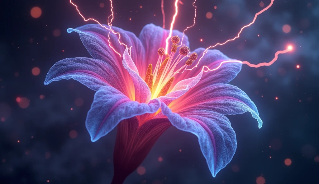 a plasma energy lily-shaped nebula neon-glowing on deep space cosmos colorful vibrant colours, powerful lightning bolts, strong light rays, lightning meteors raining, 8k, HD, highly detailed, intricate, ultra realistic, masterpiece, amazing, perfect
