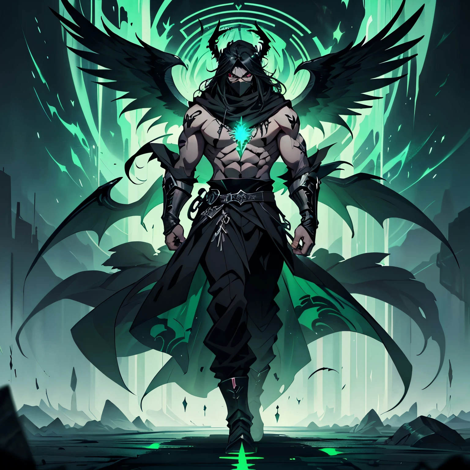 a highly detailed, full body portrait of a man wearing a black metal mask with green runes that only shows his eyes, masterpiece, best quality, ultra high res, beautiful, stunning, elegant, incredible details, detailed, aura, flying feathers, (dark green theme:1.1), glowing green eyes, cinematic lighting, ultra-high quality, 8k, full body, man, long flowing black hair, handsome, pale white skin, black long skirt, (no shirt, abs:1.1), green details, (dark magical energy enveloping arms:1.4), looking at viewer, posing, charging a green energy with hands, cifer ulquiorra, big claws, (full face black mask with green runes:1.2), (hundreds of black wings:1.3), (angelical black halo:1.25), (big black demonic tail:1.2), desert background, solo, crazy looking, menacing, (anime style:1.5)