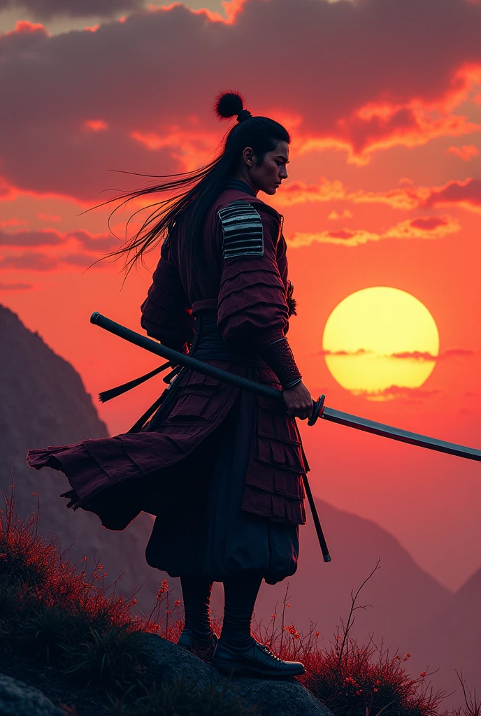 A samurai with his sword in a sunset