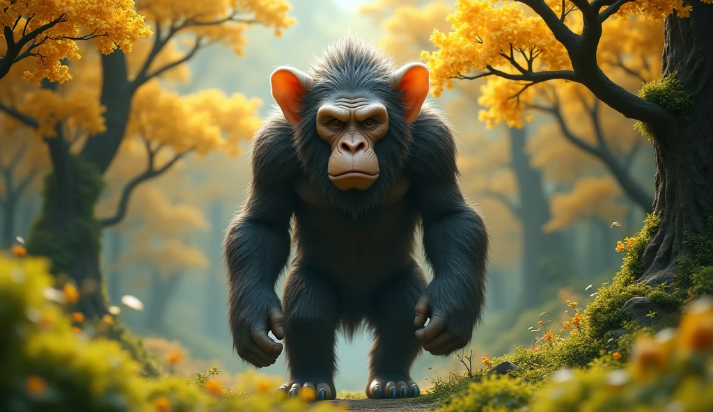 Front view，There is a wild beast in the osmanthus forest，Looks like an ape but has white ears，Standing and walking（best quality，4K，8k，High level，masterpiece：1.2），Ultra Detailed，（lifelike，Photo real，Photo real：1.37）