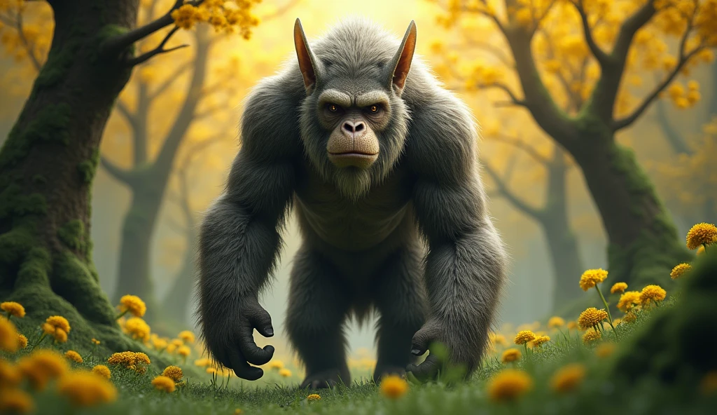 Front view,There is a wild beast in the osmanthus forest,Looks like an ape but has white ears,Standing and walking(best quality,4K,8k,High level,masterpiece:1.2),Ultra Detailed,(lifelike,Photo real,Photo real:1.37)