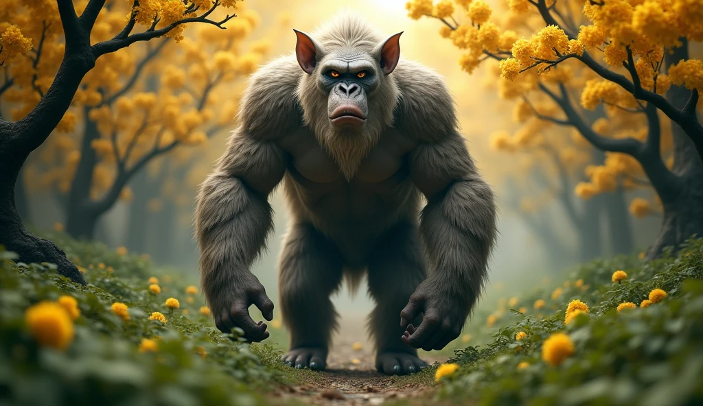 Front view,There is a wild beast in the osmanthus forest,Looks like an ape but has white ears,Standing and walking(best quality,4K,8k,High level,masterpiece:1.2),Ultra Detailed,(lifelike,Photo real,Photo real:1.37)