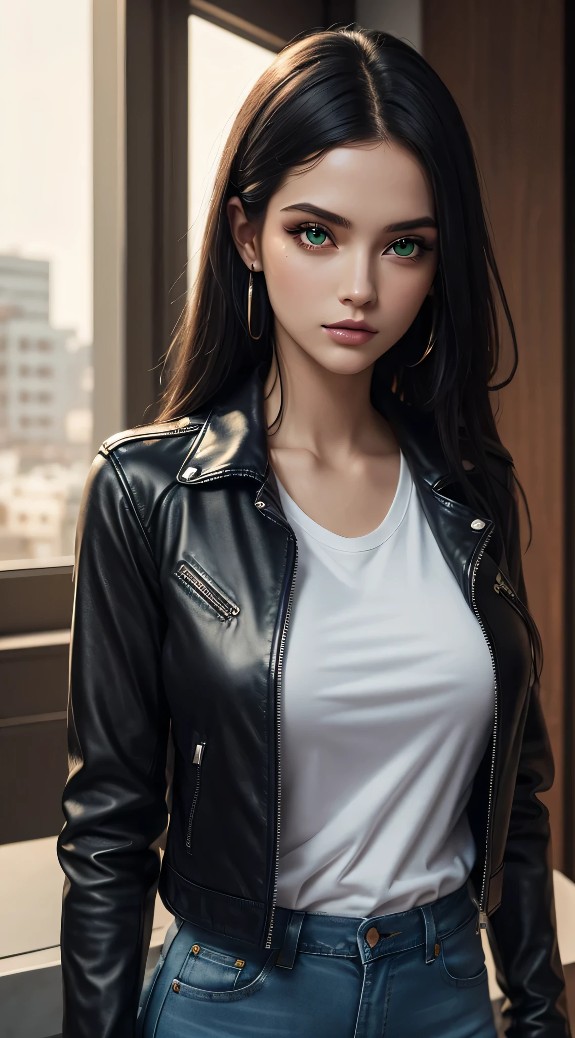 goth girl, Slavic appearance, sexy girl , pale skin, ultra detailed beautiful woman, big breasts, stunningly beautiful, black hair, Straight long hair, big eyes, ( green eyes ) , very long eyelashes, stunningly beautiful face, holographic, ultra detailed illustration, The light falls on the face, hit definition, Very bold and bright colors, permission 32K, ( black T-shirt, black leather jacket, blue jeans ) , Best quality, Volumetric lighting, masterpiece, ultra realistic , High-quality detailing