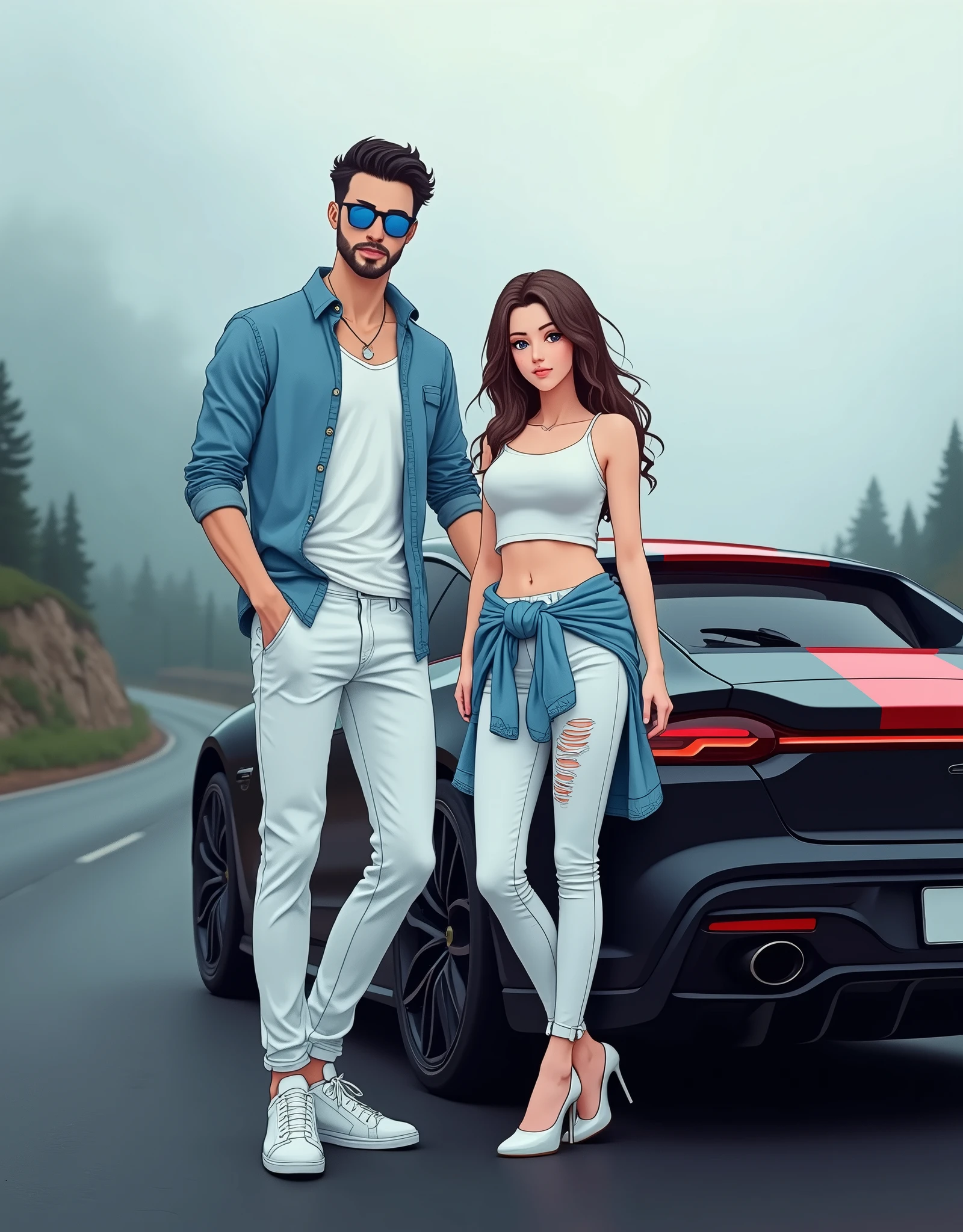 Create a anime style landscape image. Stylish and modern photograph featuring a young man and woman posing next to a black car with a red roof. The man, with a medium skin tone, has short dark hair, a beard, and is wearing blue sunglasses, a light blue denim shirt over a white t-shirt, white pants, and white sneakers. The woman, with a fair skin tone, has long, wavy brown hair and is dressed in a white sleeveless top, white ripped jeans, and white high-heeled shoes. She has a light blue denim jacket tied around her waist. The background is a misty, overcast setting with a road and cloudy sky, adding a dramatic effect to the scene.