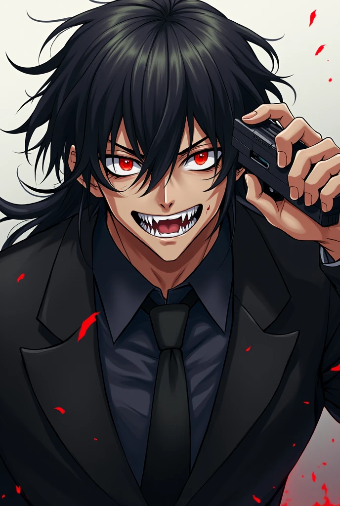 Portrait of an anime boy with muscular body having psycho red wild eyes, psycho teeth show wearing black suit with tie, having gun,very long black hair