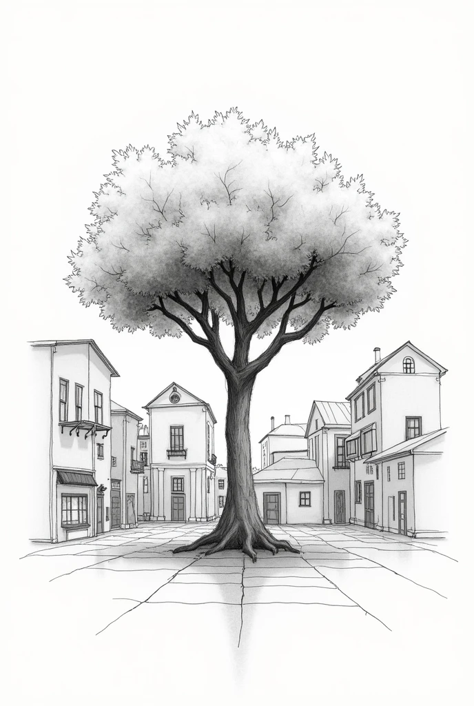 Make me a picture of a wall art that has a tree in the middle and buildings around it, do it for me in sketch form