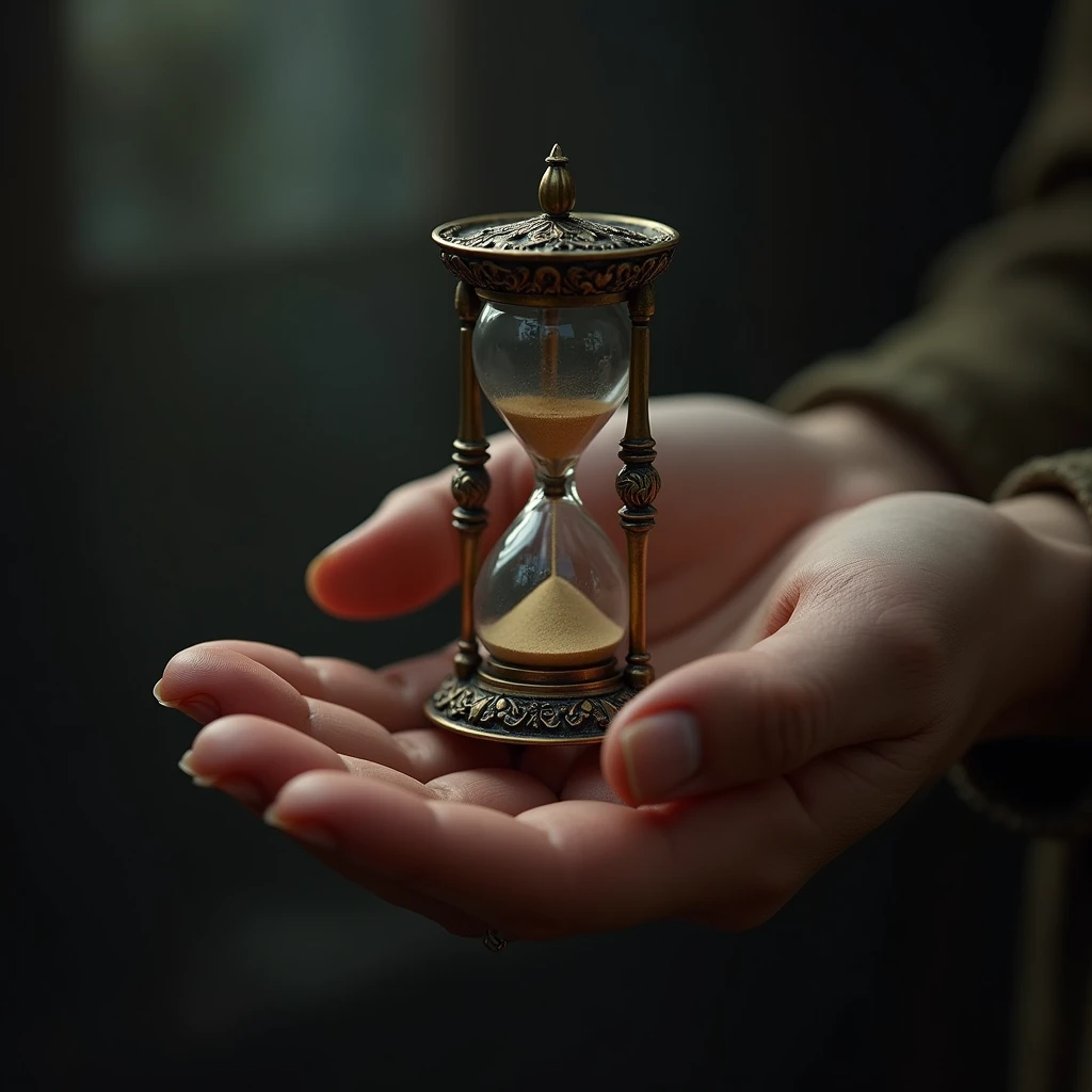 A hand holding an hourglass with sand flowing.
