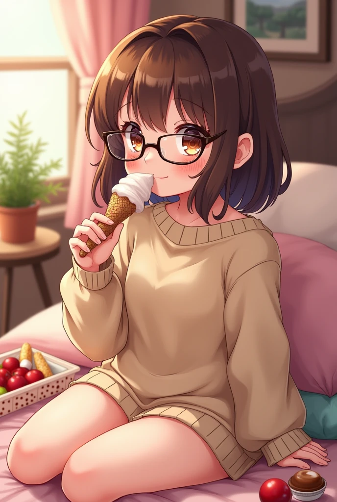 Anime cute chubby gamer girl brown hair, brown eyes, wearing cute glasses eating gelato seductively in her room wearing a comfy sweater with snacks